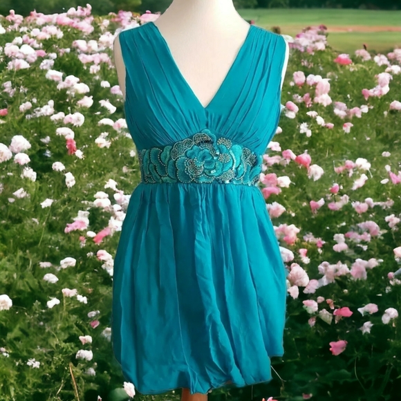 NEW MONSOON 100% Silk turquoise blue Puffball Dress Balloon Hem embellished 10uk - Picture 2 of 14